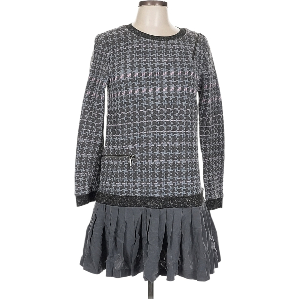 Nicole Miller Artelier Gray Houndstooth Pleat Mini Sweater Dress L - Picture 2 of 6